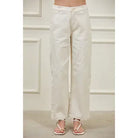 Women’s high-waisted barrel pants in structured woven fabric with tapered leg, visible side seams, and functional pockets