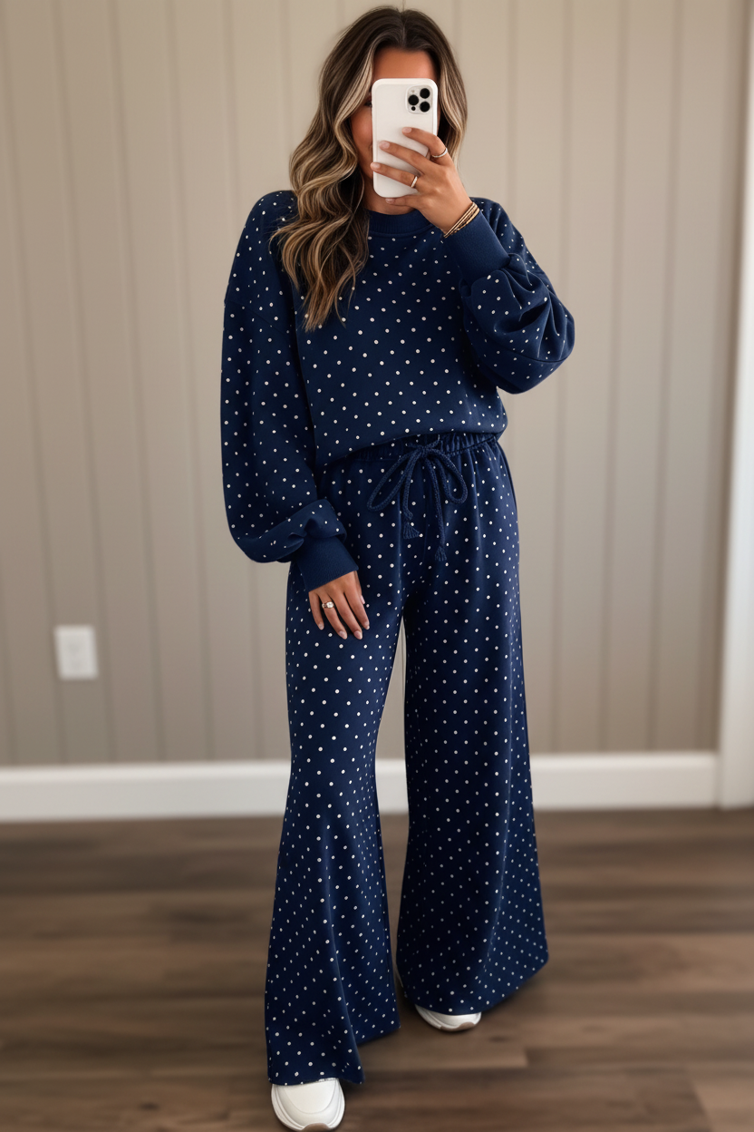 Women’s navy polka dot two-piece set with relaxed long-sleeve top and matching high-waist pants with adjustable drawstring
