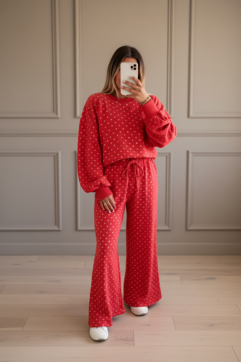 Casual polka dot matching set featuring a round-neck long-sleeve top with ribbed cuffs and coordinating drawstring waist pants
