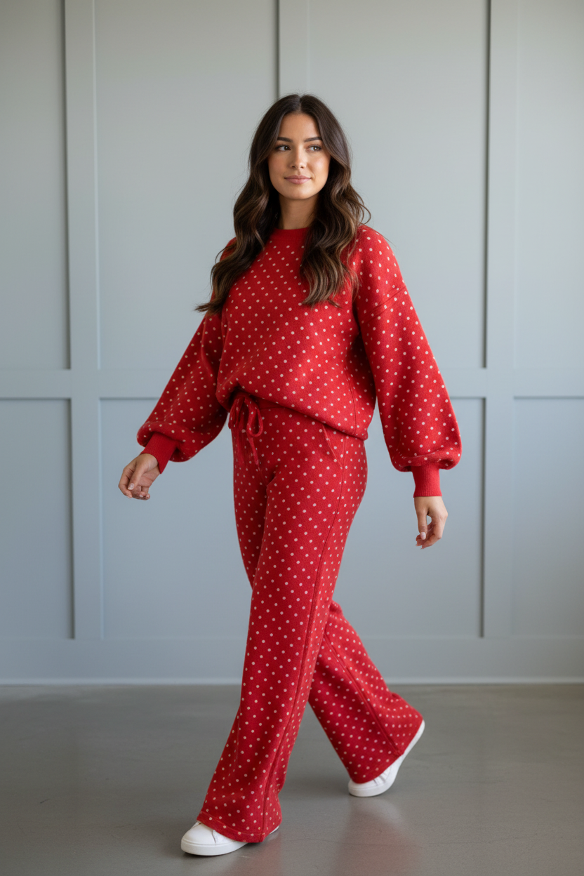 Women’s polka dot two-piece set with relaxed long-sleeve top and matching high-waist pants with adjustable drawstring