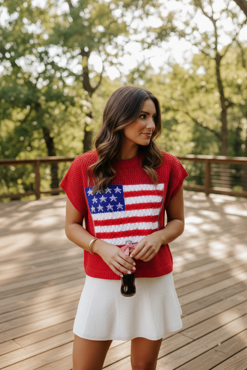 Casual red knit top featuring American flag graphic and loose silhouette