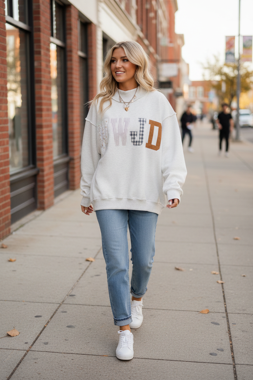 Detailed view of WWJD embroidered appliqué on a women's Christian sweatshirt, showcasing colorful floral, plaid, and striped fabric patches combined with decorative embroidery