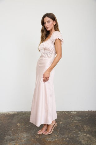 Women's champagne satin midi dress with lace overlay, sweetheart neckline, gathered bust, puff sleeves, sheer lace waist panel, lace trim throughout, flattering midi length, side zipper, elegant occasion dress for weddings, brunches, and date nights.