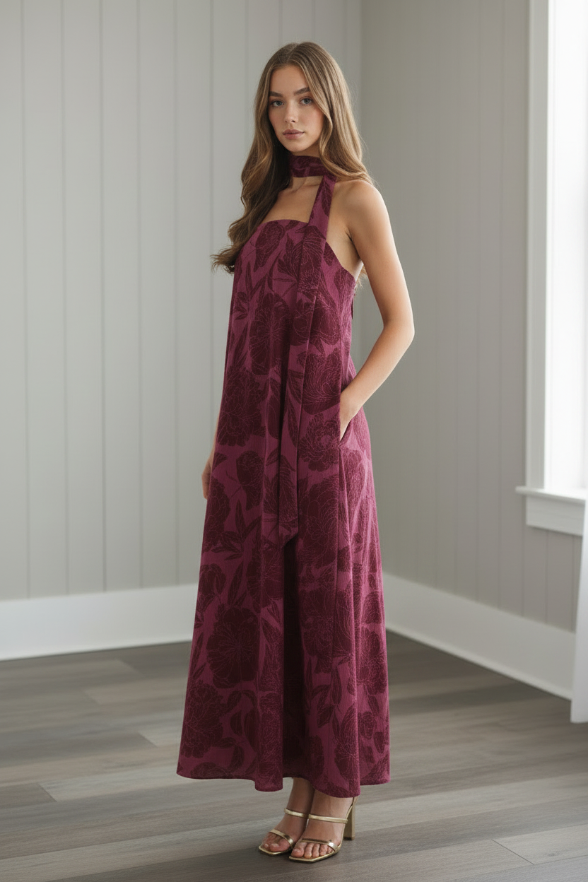 Women’s bold floral print maxi dress with oversized blooms, flowy A-line silhouette, strapless neckline, and floor-length hem at Thread Bar Boutique