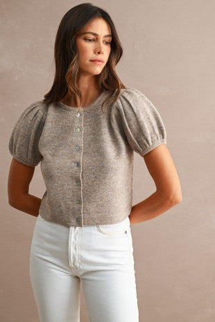 Women's puff sleeve button front knit sweater with a crew neckline, structured short puff sleeves, relaxed fit, and soft textured knit fabric for a polished everyday fall outfit