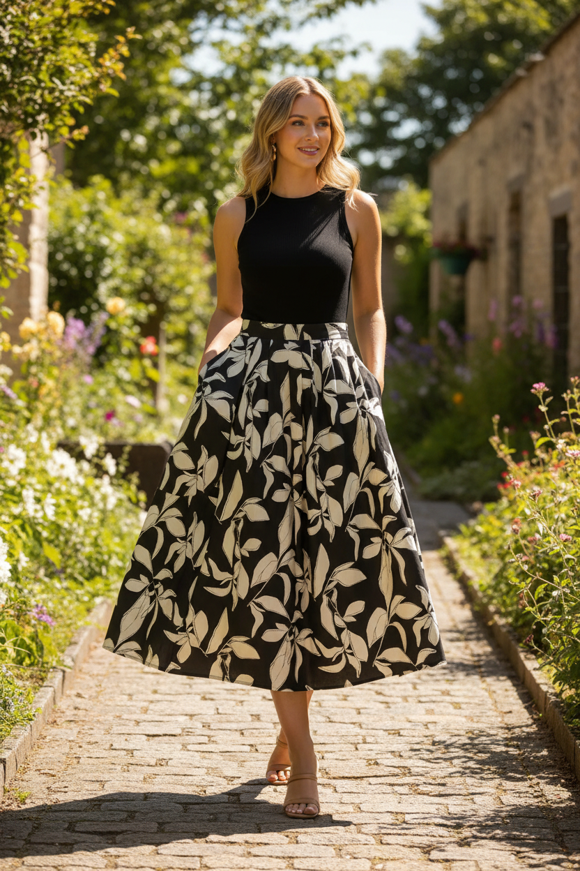 Stylish women's leaf print two piece outfit featuring a sleeveless cotton crop top and lightweight pleated midi skirt for vacations, brunch, and summer events.