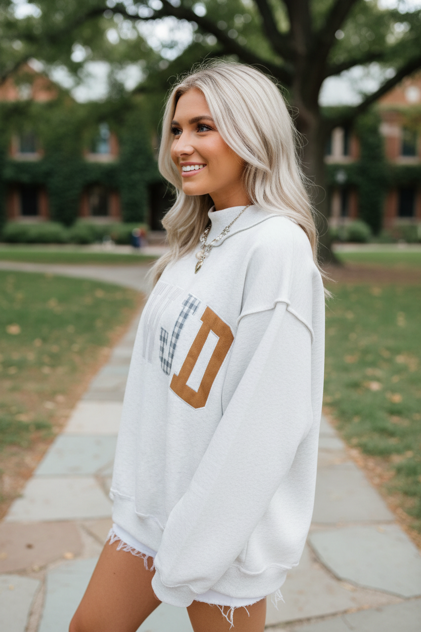 Full-front view of a women's WWJD faith-based graphic sweatshirt with embroidered lettering and mixed floral, plaid, and vertical stripe patches, styled as a casual Christian outfit.