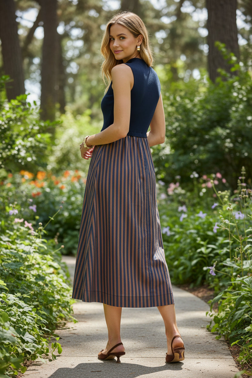 Women's work-to-dinner midi dress featuring a polished mock neck bodice, contrast vertical striped skirt, sleeveless silhouette, and relaxed fit for office, events, and dinner outfits.
