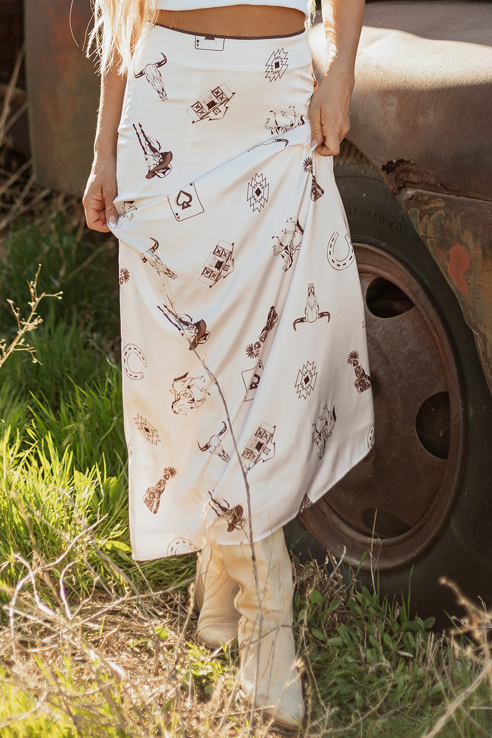 cream satin western print skirt 