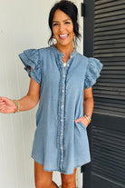 Frilled ruffle sleeve button front denim mini dress with side pockets for women
