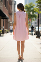 Women’s pink stripe dress with V-neckline and flattering A-line fit