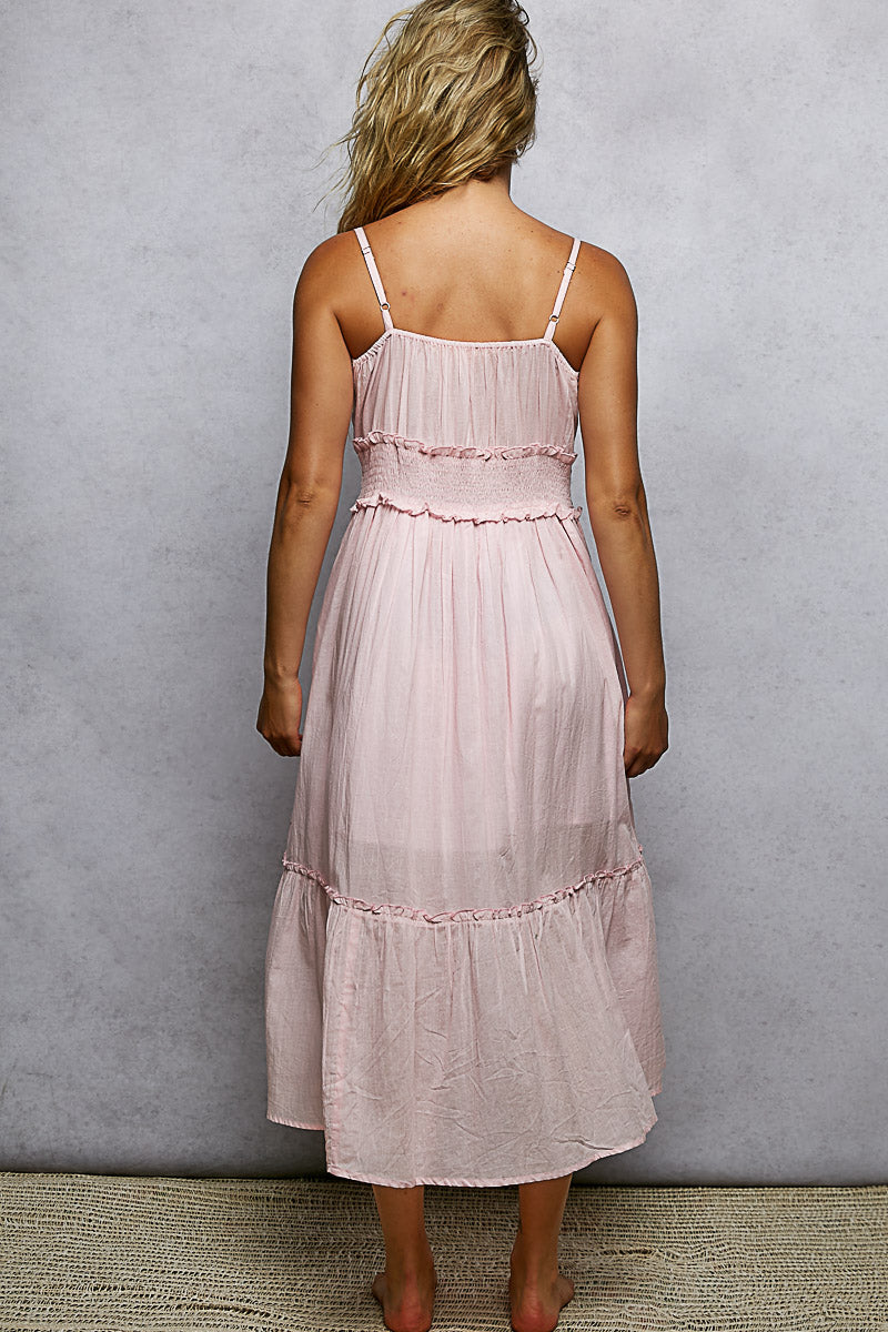 Printed floral cami midi dress with pearl accents from Thread Bar Boutique feminine summer outfit