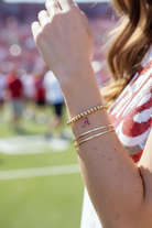 Alabama Crimson Tide Ball Bead Stretch Bracelet - stacked with gold bangles, outdoor game day