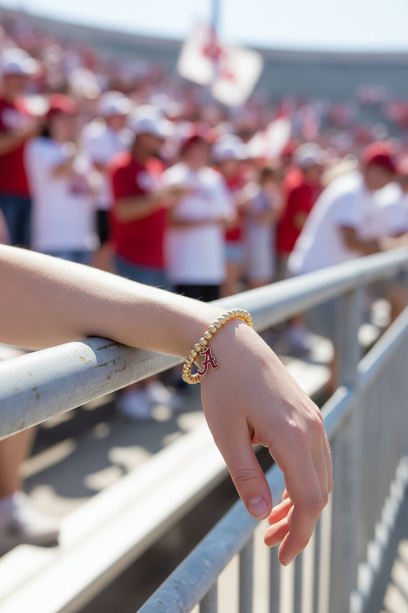 Alabama Crimson Tide Ball Bead Stretch Bracelet - worn solo on stadium railing