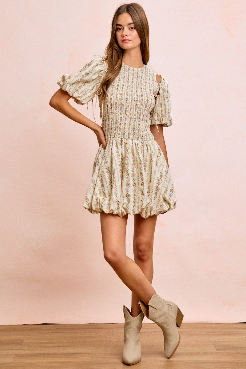 Garden Romance Convertible Dress with detachable puff sleeves in floral print front view