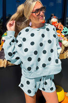 Polka dot lounge set with drop shoulder pullover and drawstring shorts for women from Thread Bar Boutique