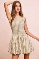 Garden Romance Convertible Dress with detachable puff sleeves in floral print shown without sleeves