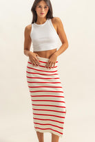 Striped bodycon sweater skirt with side slit, figure-hugging knit midi skirt, cozy fall and winter striped skirt, trendy fitted bodycon sweater skirt
