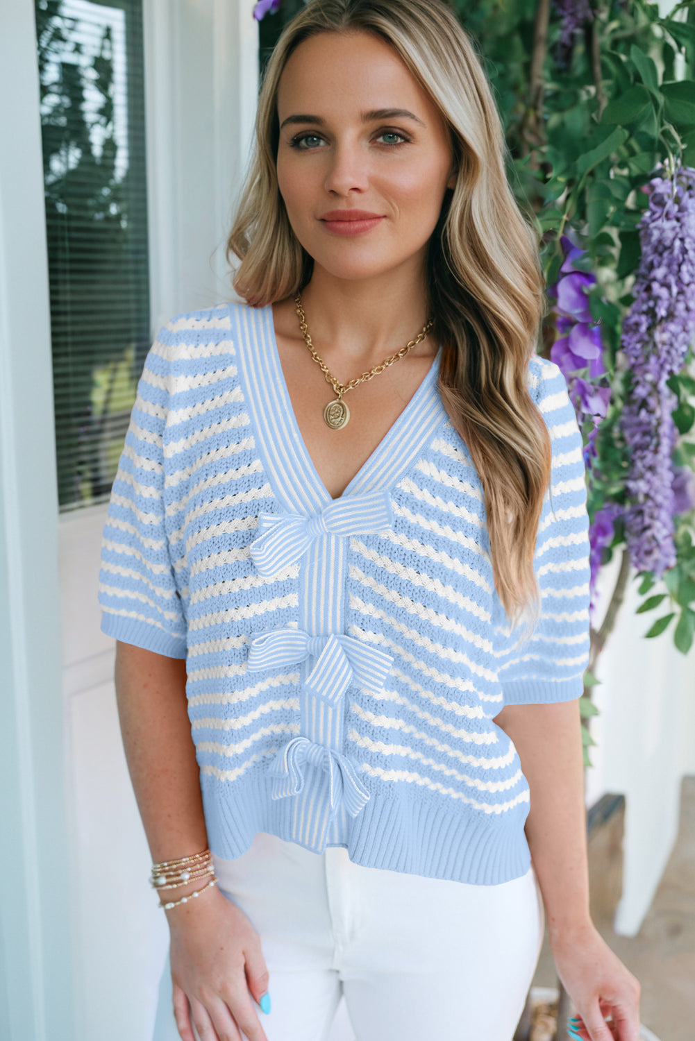 Women’s striped V-neck short sleeve knit sweater with bow knot detail, lightweight soft fabric
