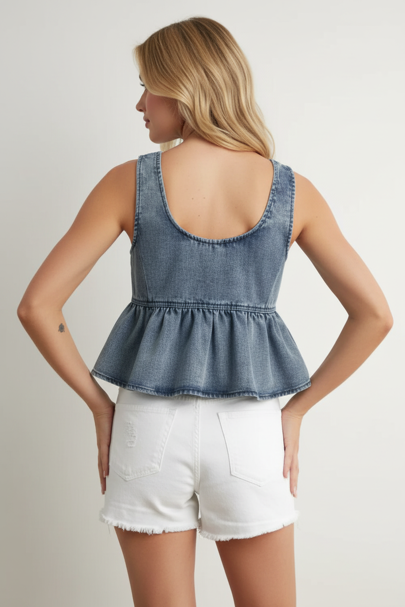 Thread Bar Boutique casual denim vest with tie front detail and ruffle hem for a trendy summer look back view