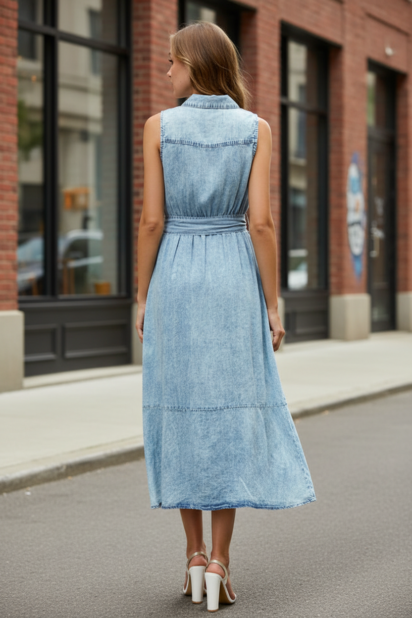 Sleeveless collared midi dress in breathable TENCEL fabric with button front and removable belt, elegant summer style at Thread Bar Boutique