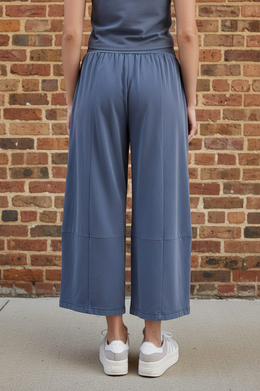 Back view of mineral washed wide leg pants