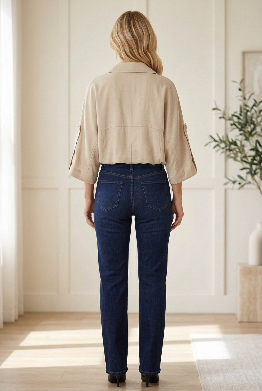 Back view of taupe lightweight utility jacket with a folded collar, wide 3/4 sleeves and gathered hem