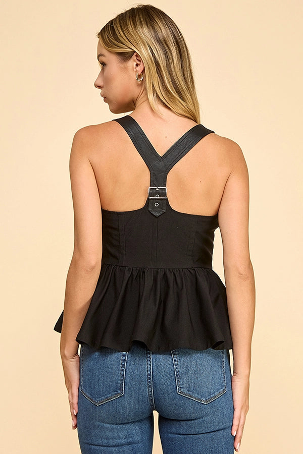 Racerback halter babydoll tank with buckle detail for women from Thread Bar Boutique