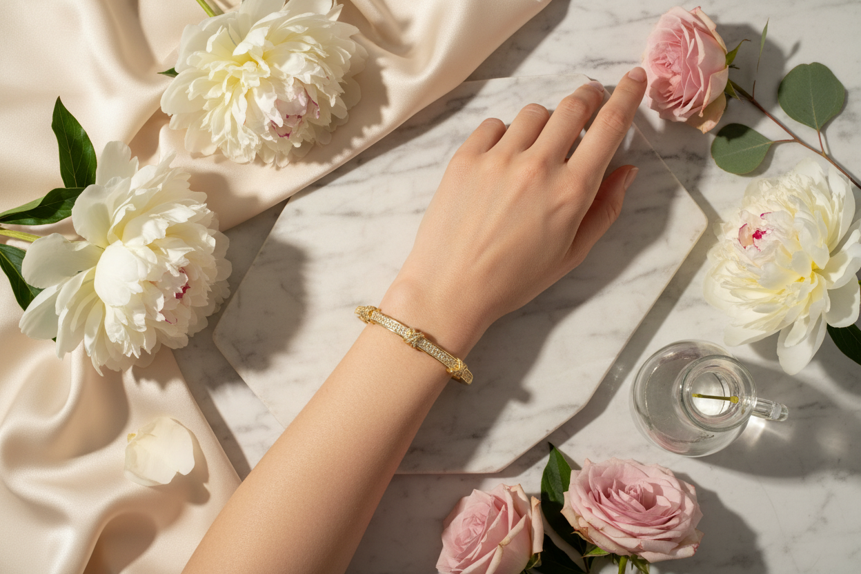 Cubic zirconia stainless steel bangle with polished finish and secure hinge design