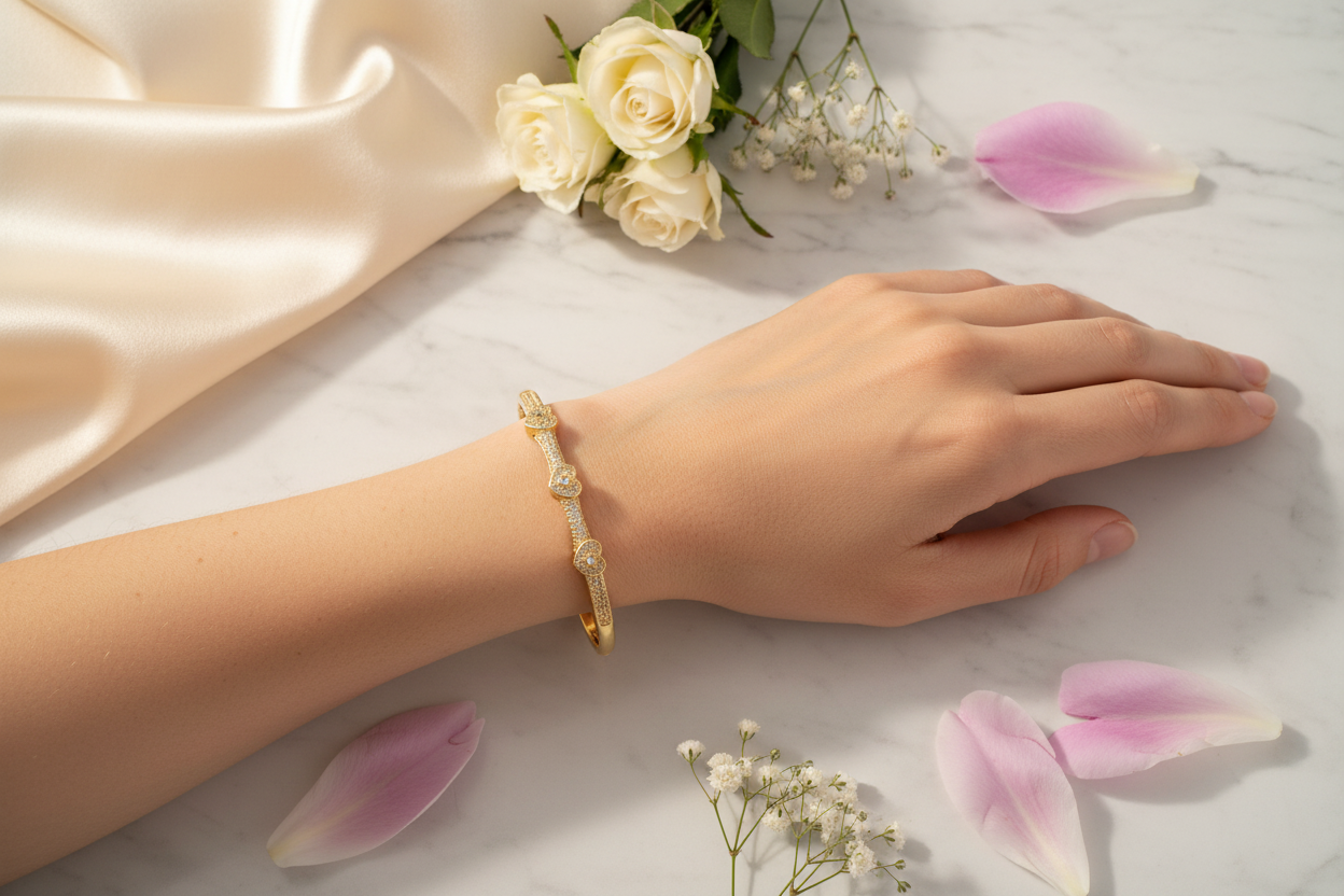 Delicate stainless steel bangle with triple heart cubic zirconia detail and modern style