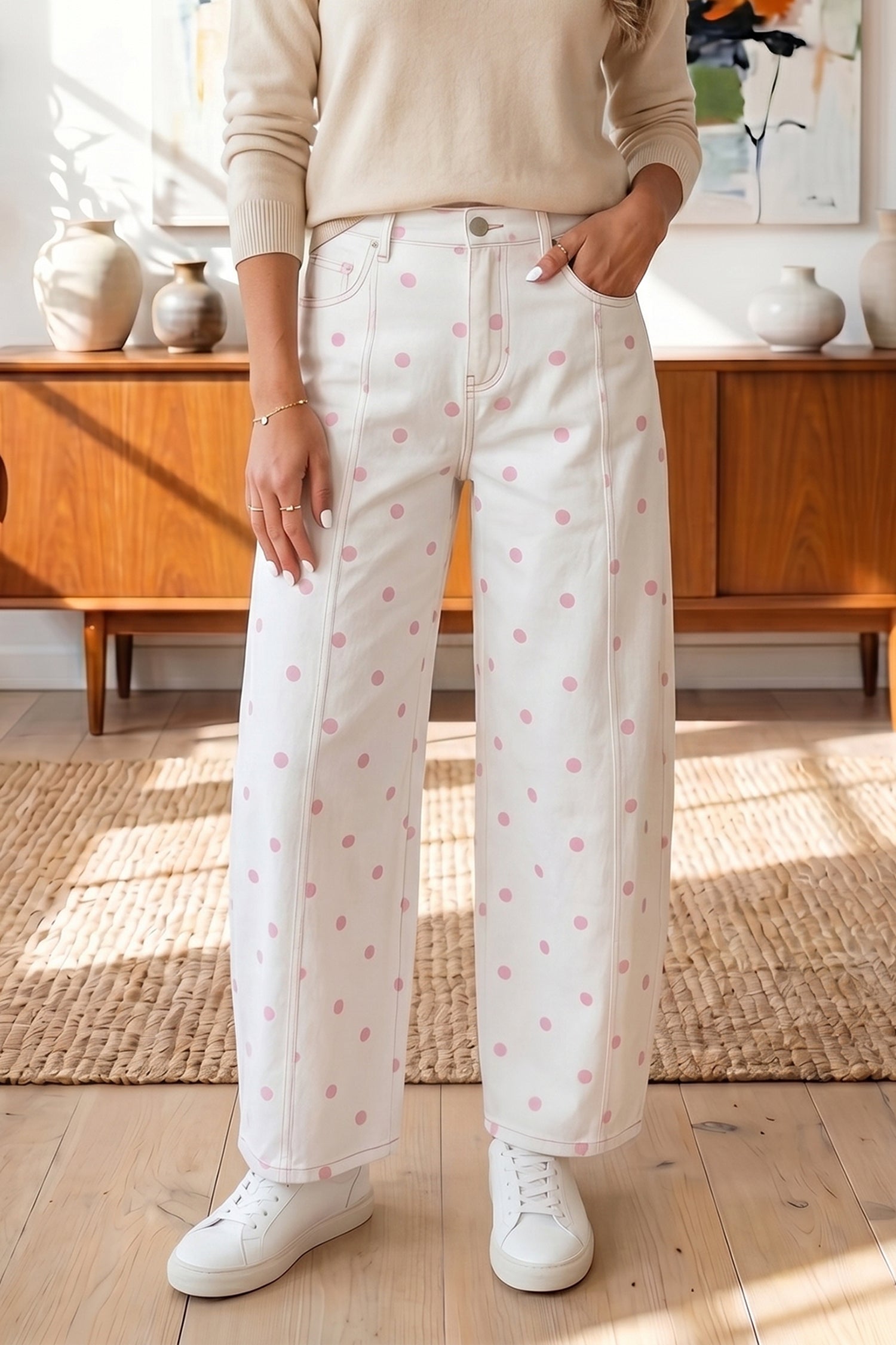 white pants with pink polka dots barrel style 