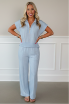 Beau Blue Blue two-piece outfit with half zip polo top and elastic waist pantsSet - Hands on Hips