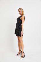 Modest black pleated dress without cutout detail thread bar boutique