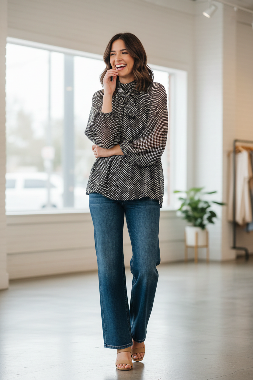 Umgee black polka dot tie neck blouse with balloon sleeves and flowy silhouette, candid lifestyle photo with dark wash wide-leg jeans and tan block heels, shop Thread Bar Boutique