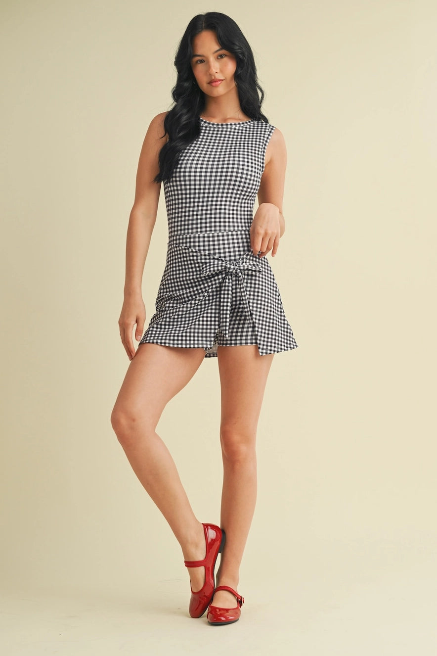 Lightweight black gingham workout dress with wrap tie front from Thread Bar Boutique tennis inspired style