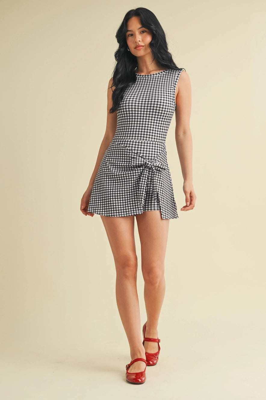 Harper black gingham sleeveless wrap dress with built-in shorts from Thread Bar Boutique sporty chic active dress