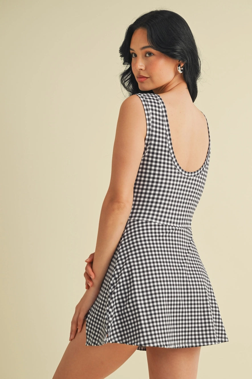 Flattering black gingham athletic wrap dress from Thread Bar Boutique perfect for tennis workouts or casual outings rear