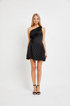 Black one-shoulder pleated boutique dress for women with side cutout