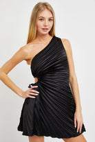 Black one-shoulder pleated dress with elegant flowy silhouette with side cut out and drawstring