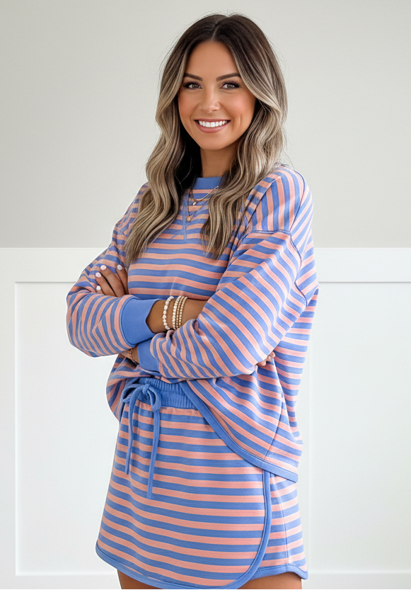 Blue and white striped pullover with matching drawstring mini skort