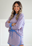 Blue and white striped pullover with matching drawstring mini skort