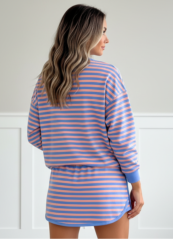 Blue stripe two-piece set with relaxed pullover and high-waist mini skort