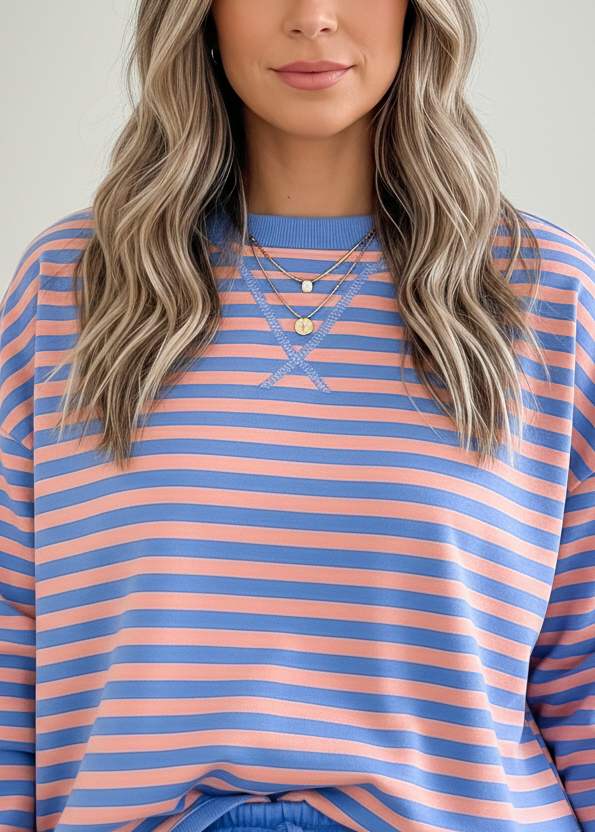 Blue stripe matching pullover and skort outfit for women