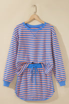 Blue striped casual two-piece outfit with long sleeve pullover and skort