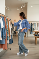 Blue Stripe Boxy Knit Cardigan - Browsing Clothes Rack in Boutique