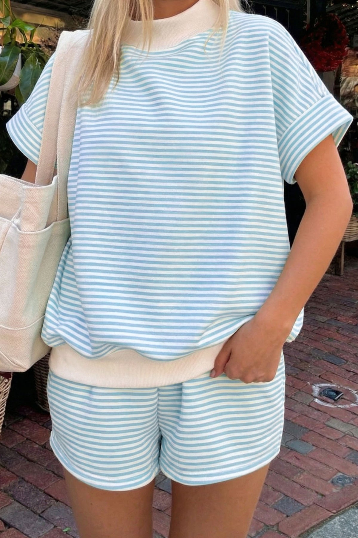 Sky blue striped mock neck tee and shorts set for women from Thread Bar Boutique