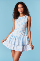 Blue floral active dress romper from Thread Bar Boutique with double ruffle skirt and built-in shorts
