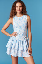 Sleeveless floral activewear romper dress in blue print at Thread Bar Boutique