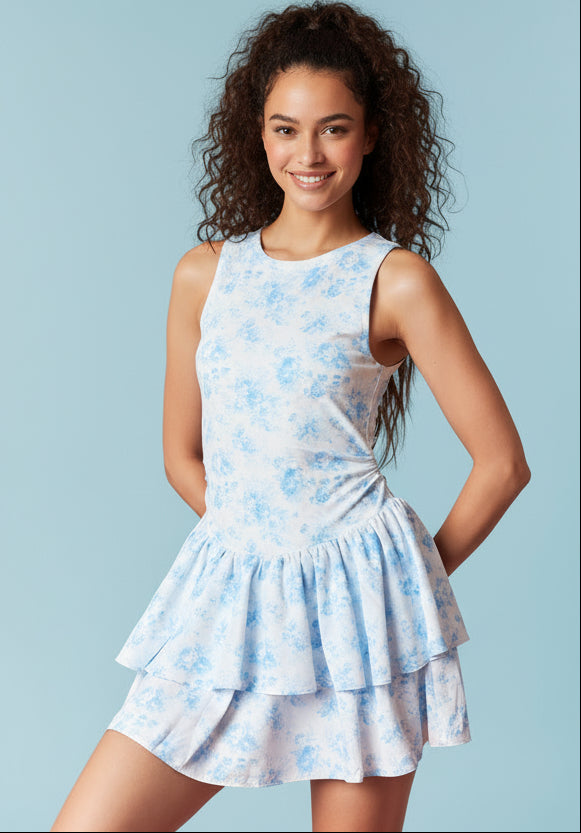 Sporty floral dress romper with double ruffled skirt at Thread Bar Boutique