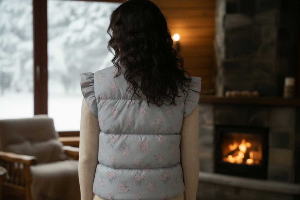 Woman wearing a light blue puffer vest with floral pattern in a cozy indoor setting.
